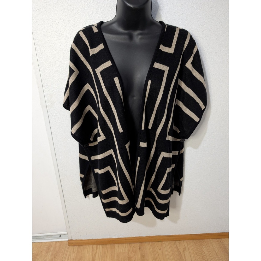Black Beige Geometric Open Front Cardigan Kimono Style Lightweight Sweater